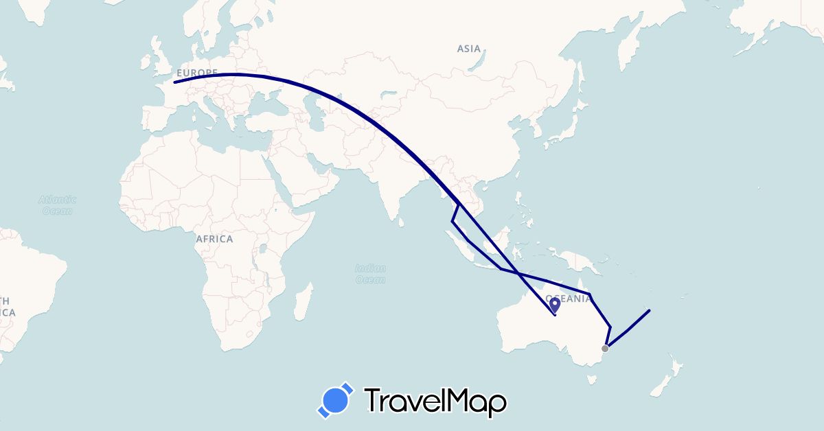 TravelMap itinerary: driving, plane in Australia, France, Indonesia, New Caledonia, Singapore, Thailand (Asia, Europe, Oceania)